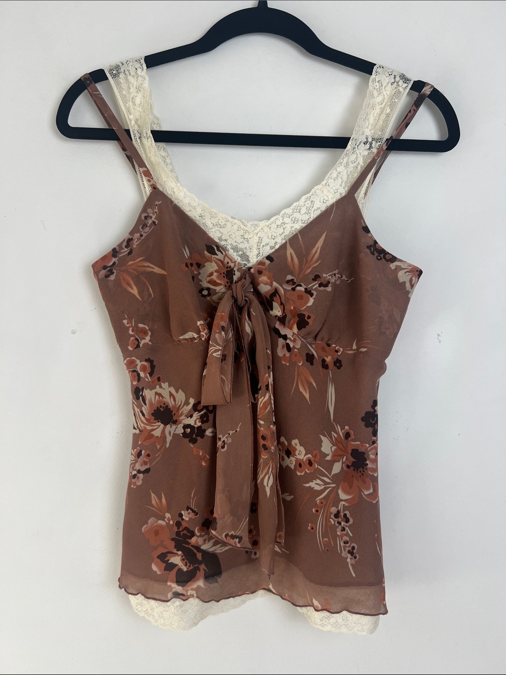 Vintage‎ Banana Republic Size 0 100% Silk Brown Floral Lace-Trim Tie-Front Cami